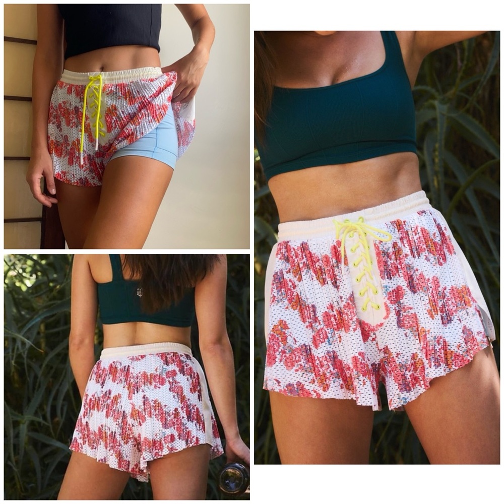 Free People White Floral Athletic Shorts with Neon Yellow Drawstring
